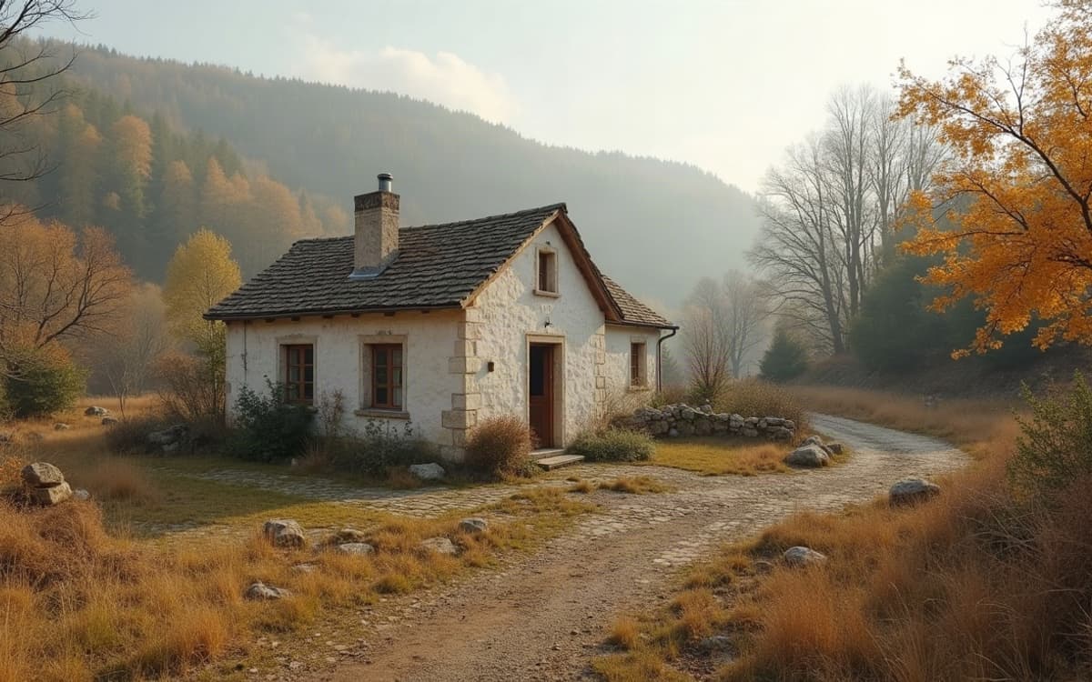 Maison isolée en pierre calcaire sur un plateau, avec son puits et son potager