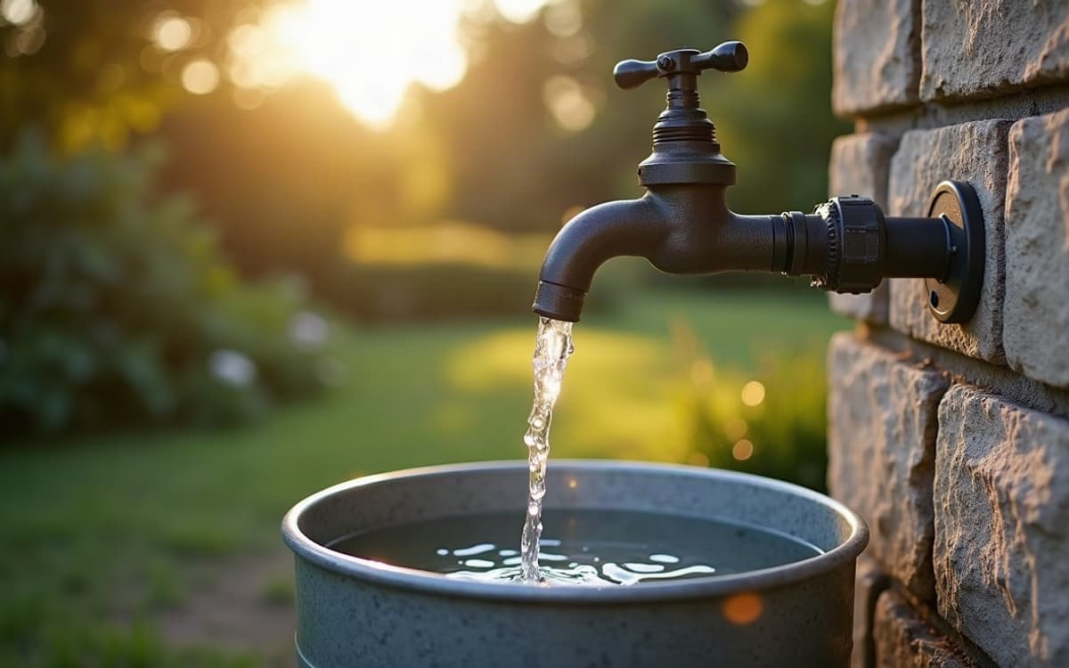 Eau claire s'écoulant d'un robinet extérieur dans un seau métallique