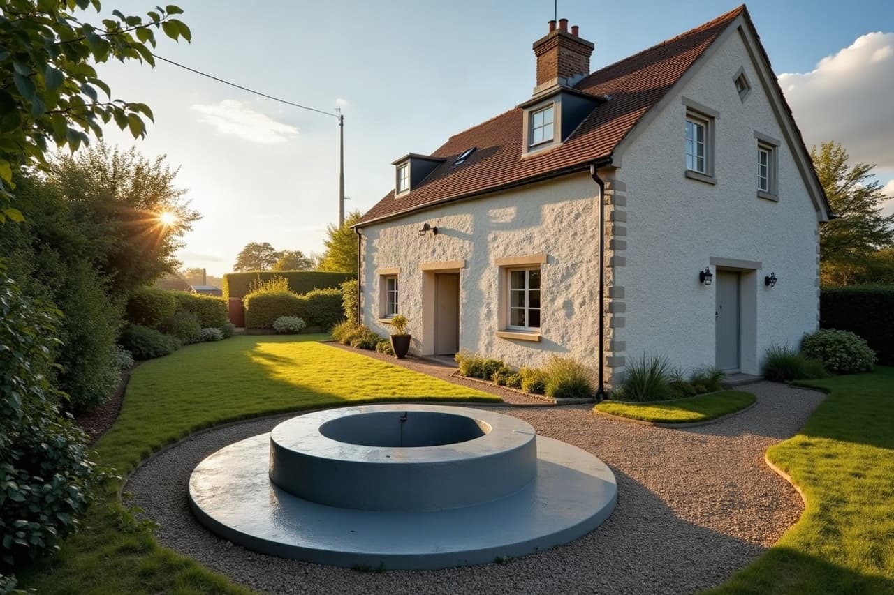 Tête de forage terminée sur sa dalle, dans le jardin d’une maison de pierre