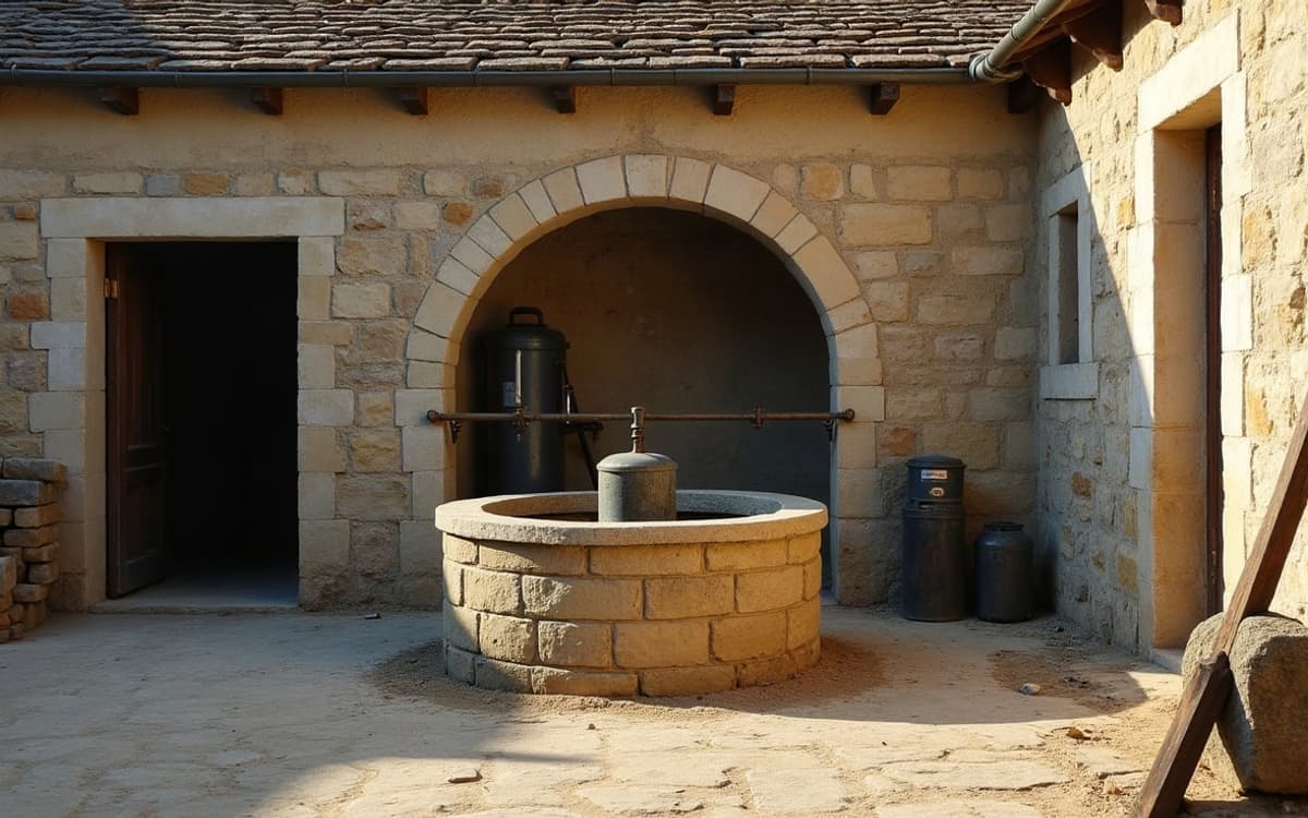 Puits ancien en pierre blonde sous un porche voûté, dans une cour bourguignonne