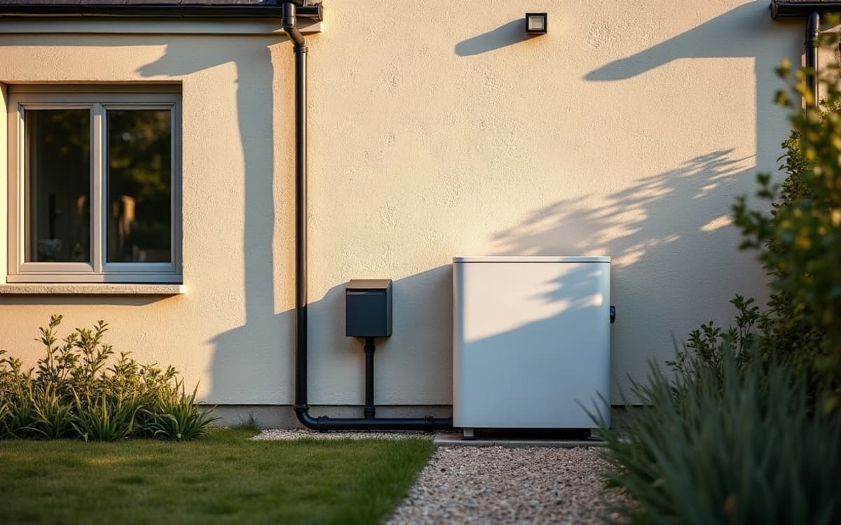 Pompe à chaleur installée contre le mur d'une maison en pierre calcaire
