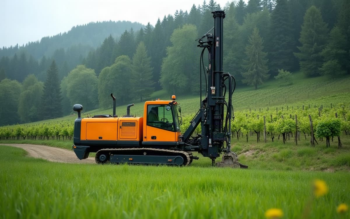 Foreuse orange au mât dressé dans une prairie du Jura, vignes et forêt au fond