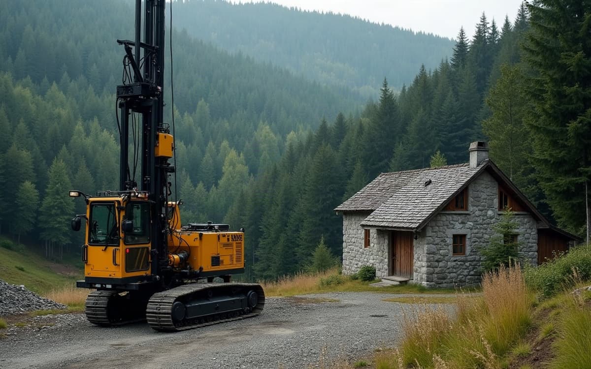 Foreuse sur chenilles devant une maison de granite du Morvan, dans la Nièvre